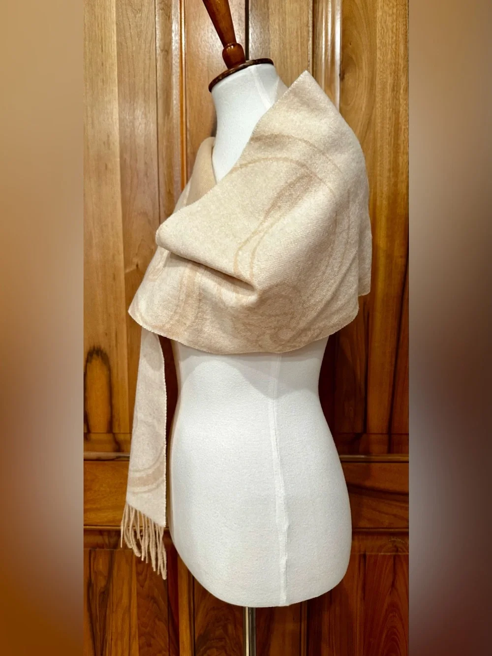 Ralph Lauren Pure Wool, Cream & Camel Fringed Equestrian Belting-Motif Scarf EUC